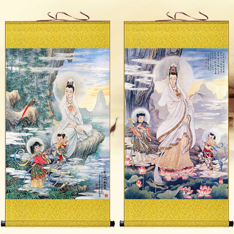 观世音菩萨画像挂画竹林九品莲花观音大士佛像装饰画家用卷轴画