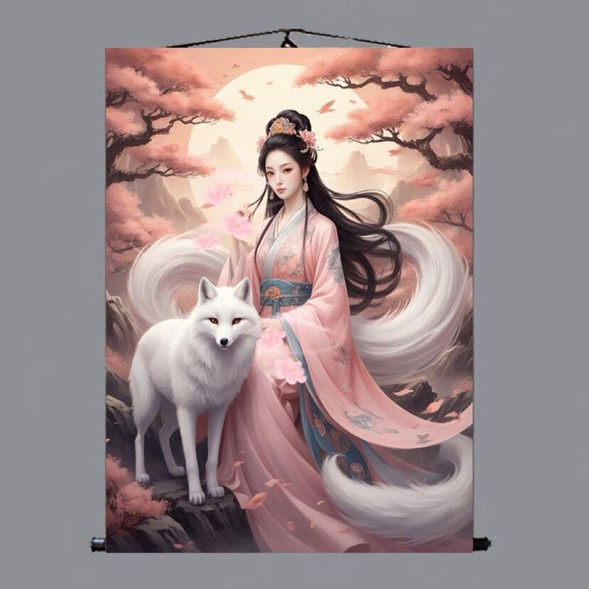招桃花九尾狐娘娘挂画粉色九姑娘家用卧室房间装饰画堂口供奉卷轴