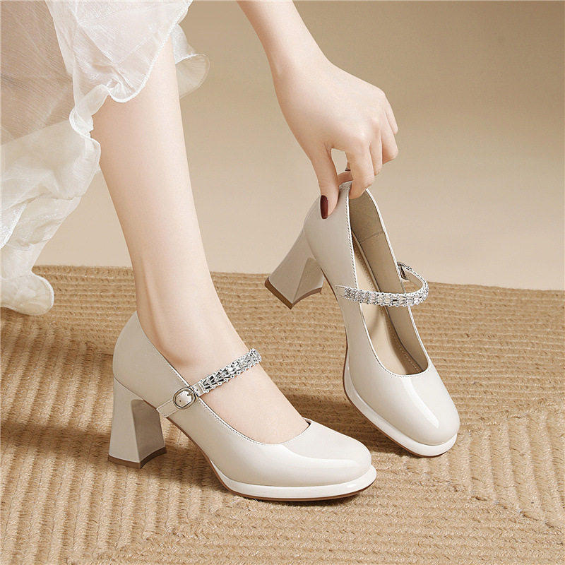 莆田女鞋法式复古黑色高跟鞋7cm一字带扣水钻亮面玛丽珍浅口粗跟