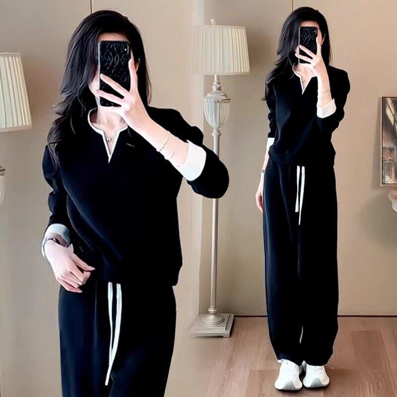 维干纯棉休闲风运动套装女2026春秋季新款韩版V领宽松卫衣两件a9