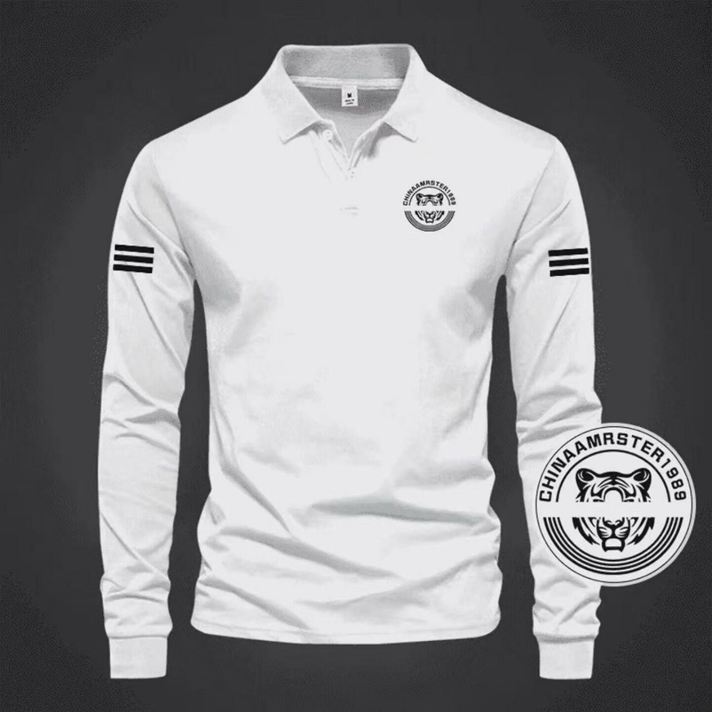 临蔡男装三道杠长袖POLO衫春秋男士虎头徽翻领T恤商务休闲打底a80