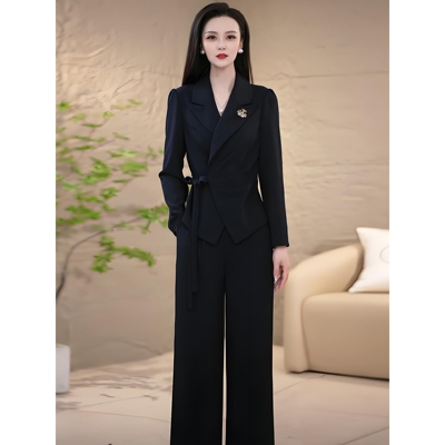 时尚条纹西装套装女秋季新款不规则系带西服外套显高直筒裤两件套