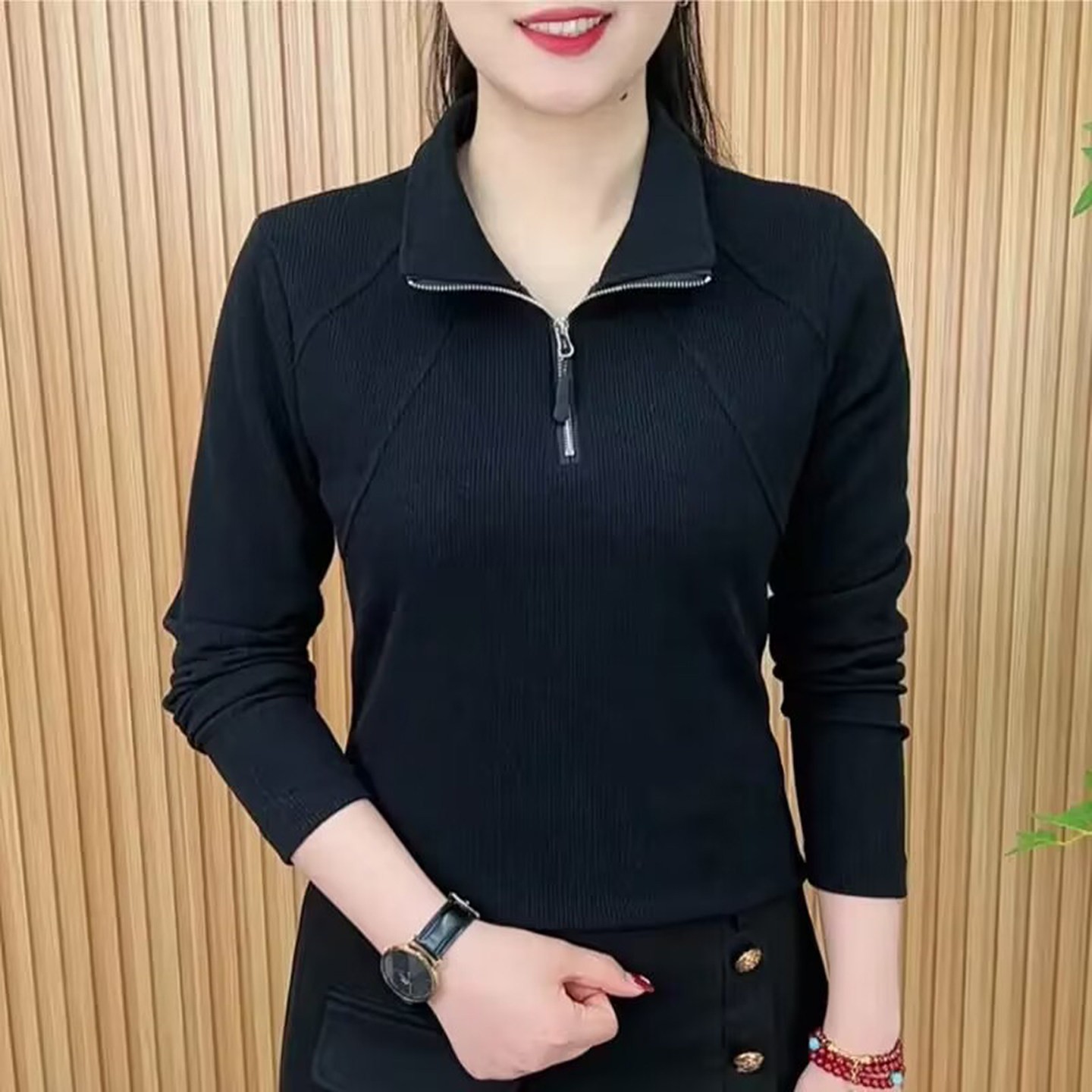 芸菲汇服饰甄选店洋气牡丹衫2026秋季女士拉链打底衫减龄长袖上a8