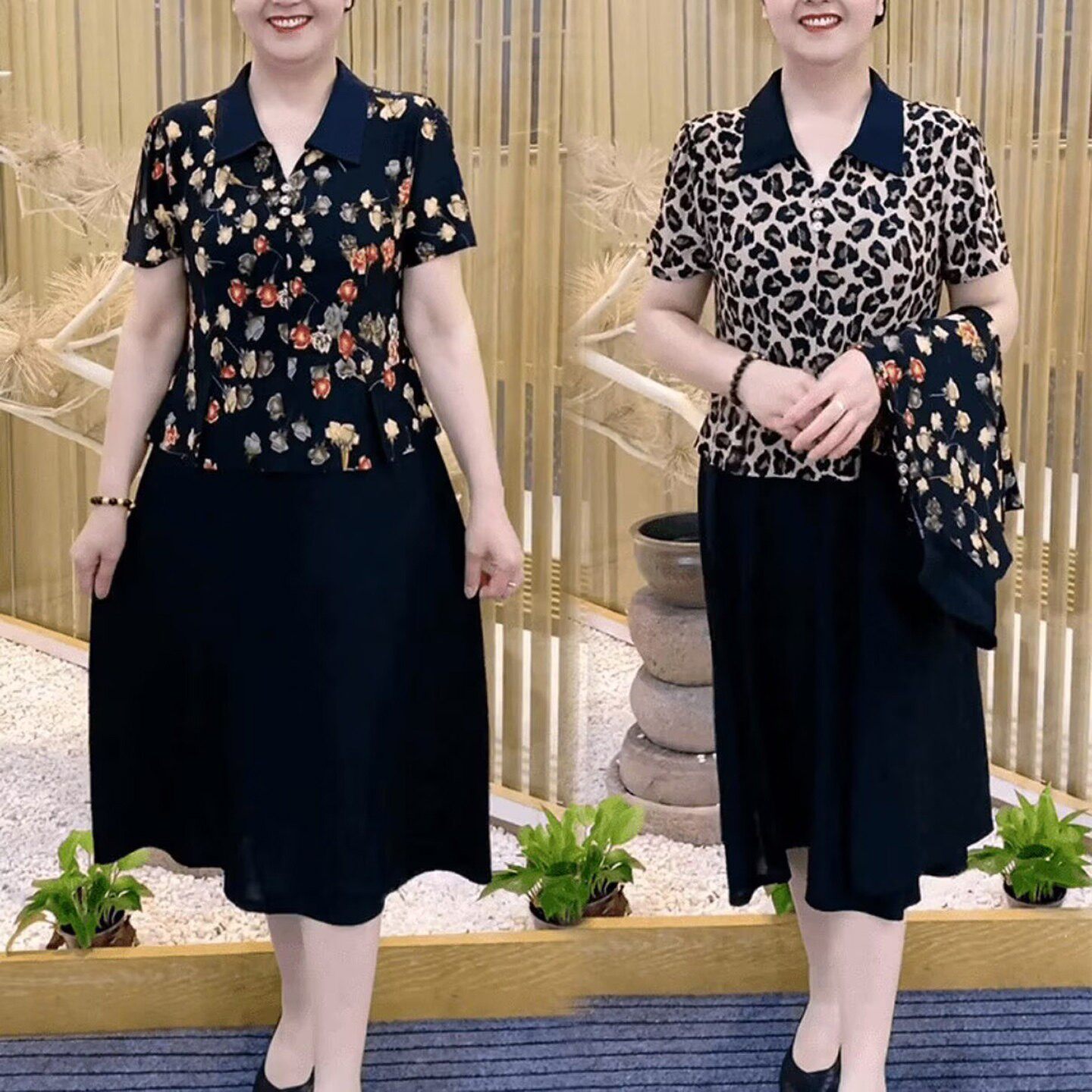 叙蓝女装翻领拼接印花连衣裙夏季女士气质显瘦中长裙洋气减龄裙a3