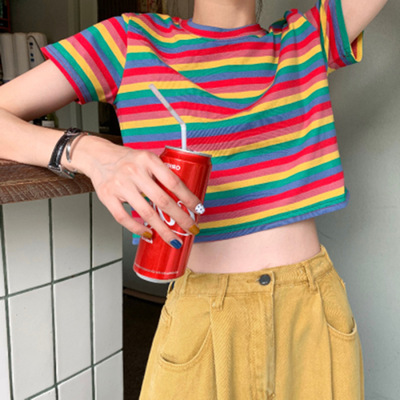 超火cec宽松彩虹条纹短袖T恤女ins潮2022新款夏短款短袖体恤上衣
