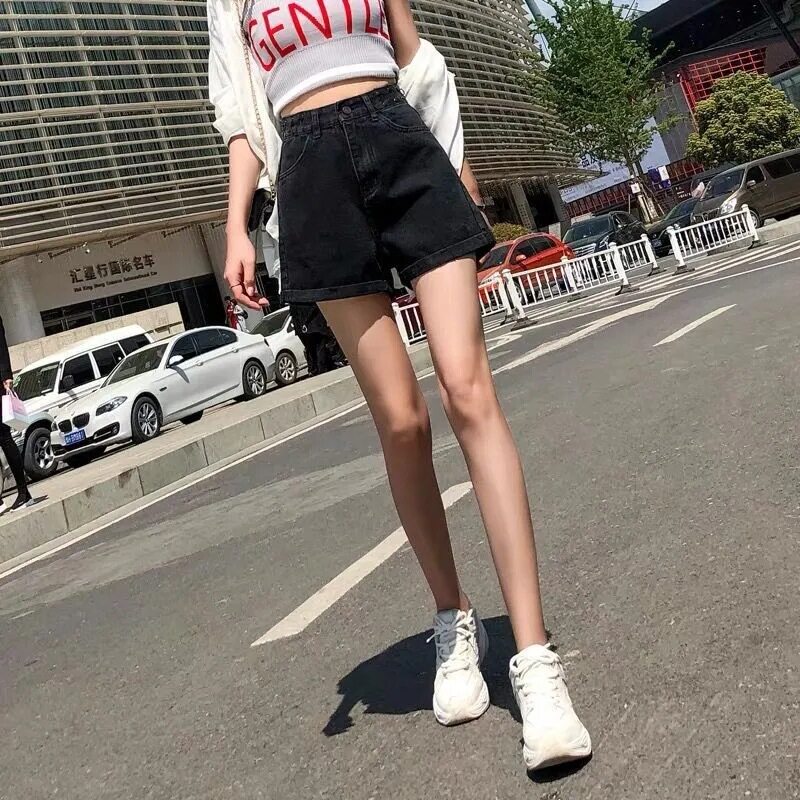 黑色牛仔短裤女夏2026新款韩版显瘦百搭高腰卷边a字阔腿裤热裤潮