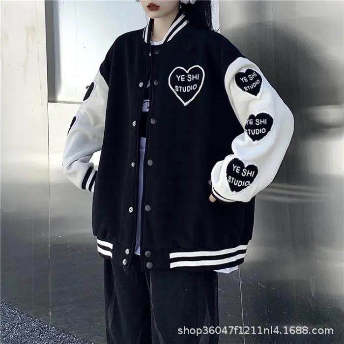 2022秋冬新款美式复古甜酷爱心刺绣棒球服情侣长袖衣服夹克外套