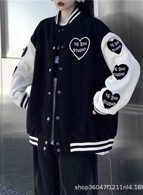 2022秋冬新款美式复古甜酷爱心刺绣棒球服情侣长袖衣服夹克外套