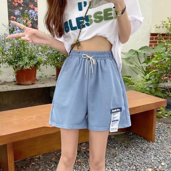 大量现货贴标华夫格休闲短裤女学生宽松显瘦松紧带高腰百搭阔腿裤