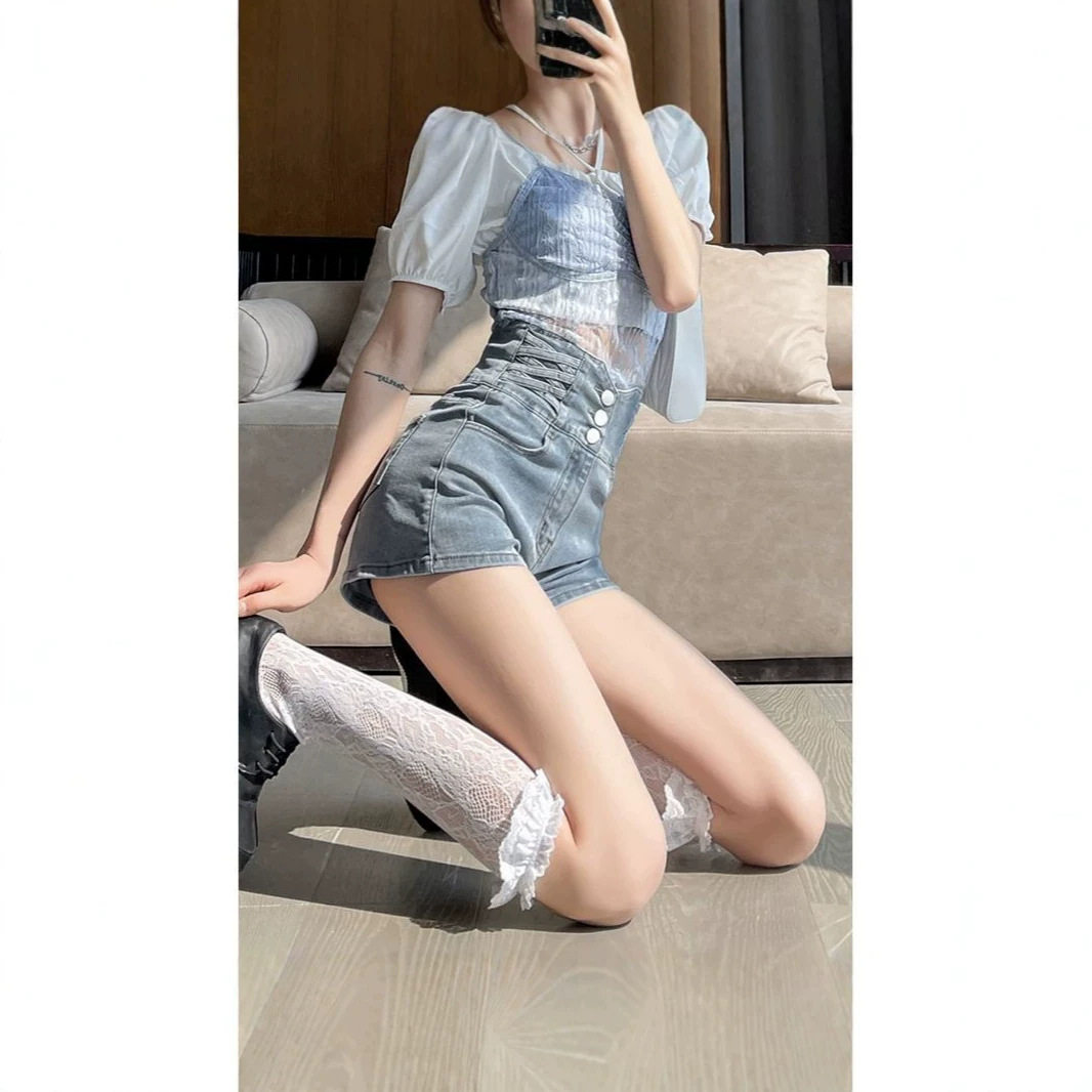 超高腰A字浅蓝色牛仔短裤女夏季薄款2026新款设计感小众阔腿热裤