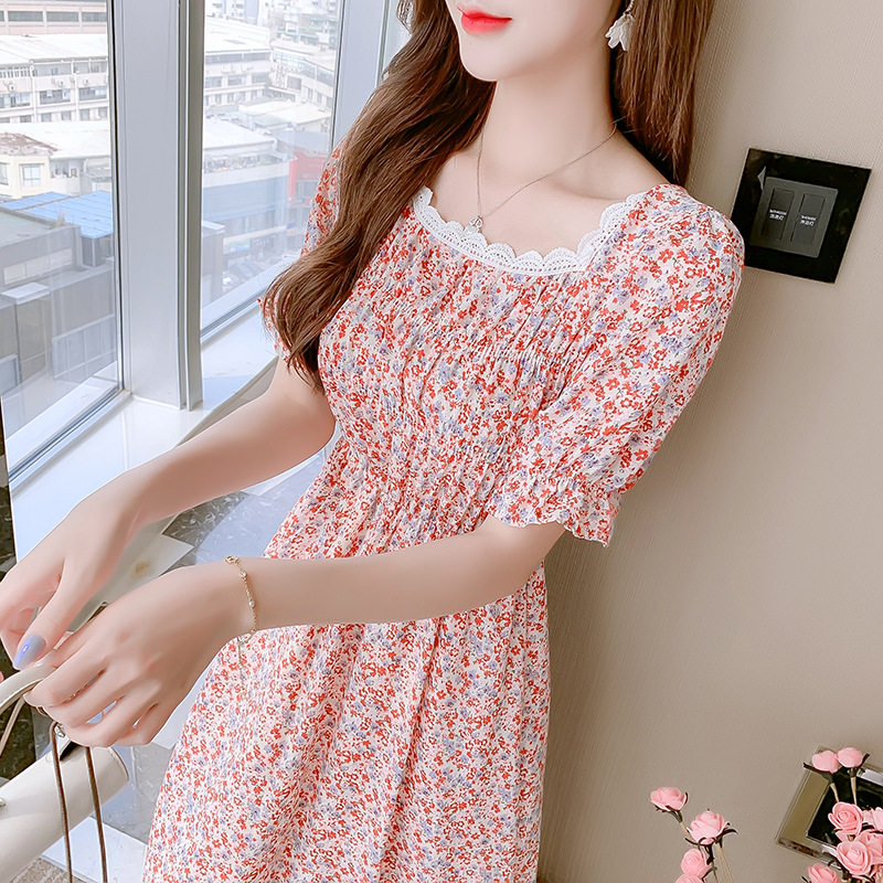 2022新款夏季温柔气质初恋仙女方领甜美法式雪纺碎花连衣裙长裙子