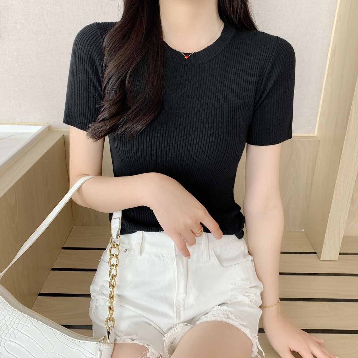 现货2024夏季新款圆领修身薄款短袖打底针织衫女糖果色t恤女上衣