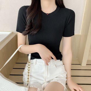 新款 薄款 现货2024夏季 圆领修身 女糖果色t恤女上衣 短袖 打底针织衫