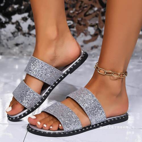 slippers欧美平底亮片一字拖鞋女外穿水钻金色沙滩凉拖鞋wish