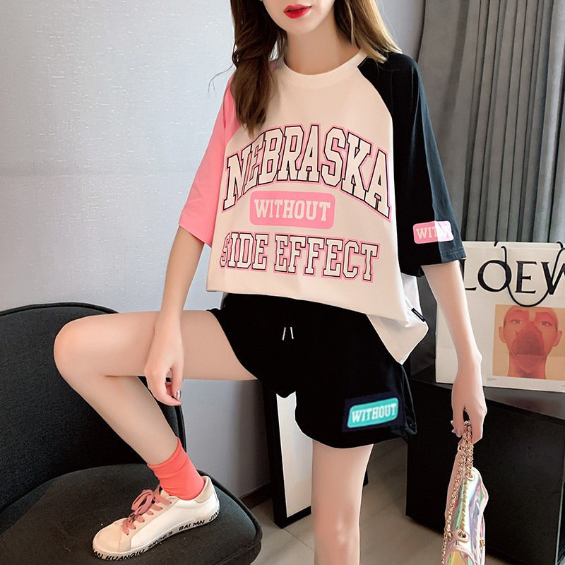 胖mm休闲运动套装夏季薄款短袖潮女洋气遮肚子大码跑步时尚两件套
