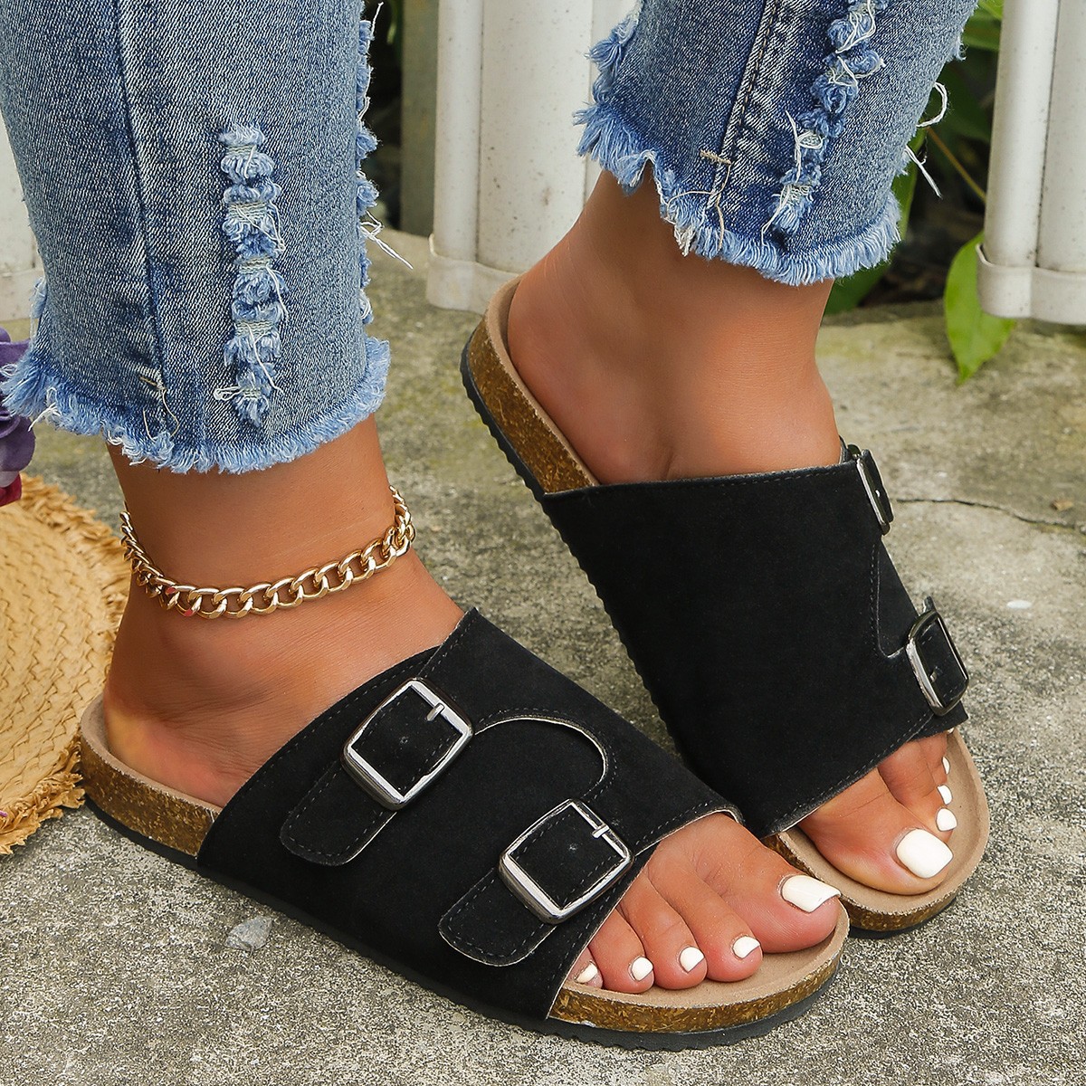 欧美大码搭扣厚底拖鞋女跨境一字型外穿沙滩凉拖鞋slippers