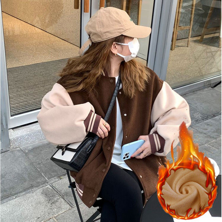 美式复古加绒棒球服女秋冬季2022新款加厚外套街头短款纽扣夹克衫