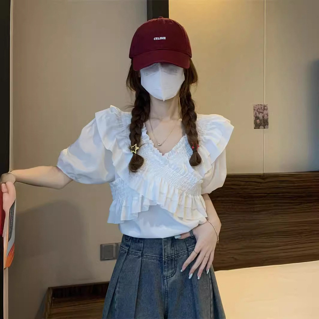 2023年夏季新款韩版小众雪纺法式韩版显瘦V领荷叶边短袖上衣女