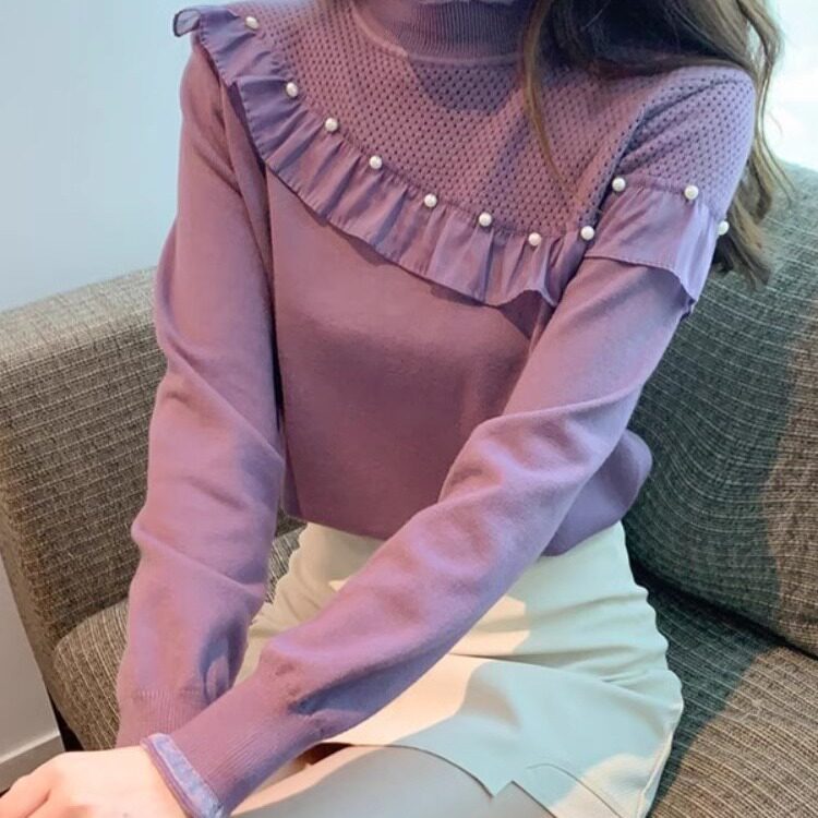 半高领针织长袖打底衫女2023新款设计感小众洋气钉珠荷叶边上衣潮