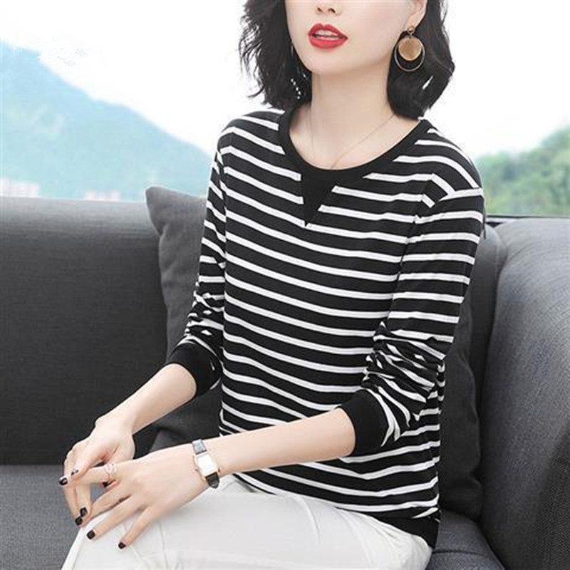 长袖t恤女2022新款条纹上衣中年妈妈春秋休闲打底衫外穿秋衣