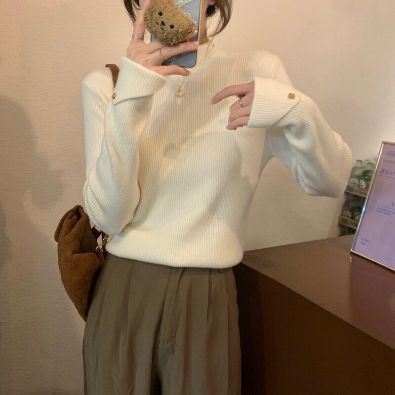 美拉德咖色打底衫女2023秋冬新款半高领洋气针织毛衣修身内搭上衣