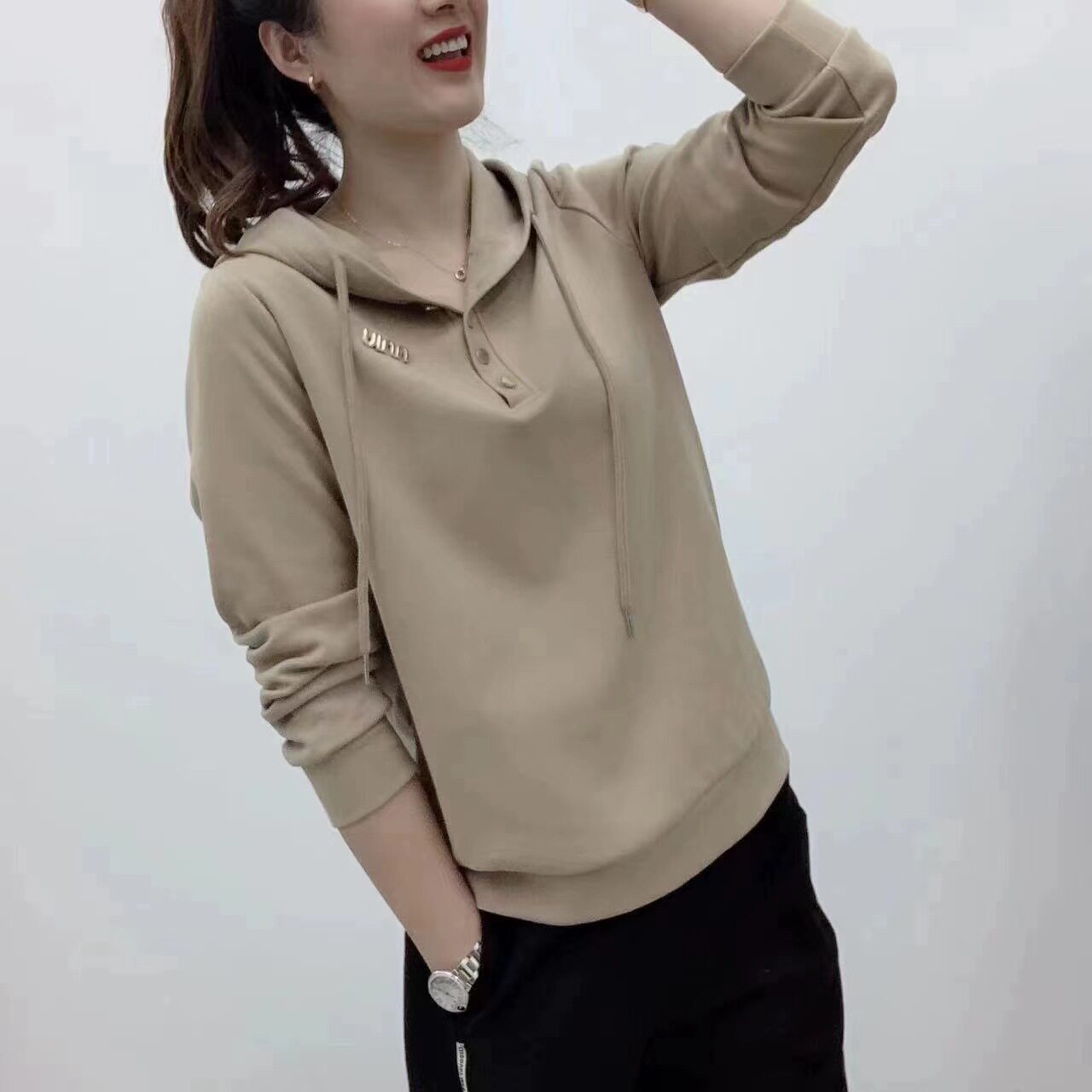 连帽卫衣女士2024年春季新款长袖薄款帽衫上衣宽松带帽打底衫跨境
