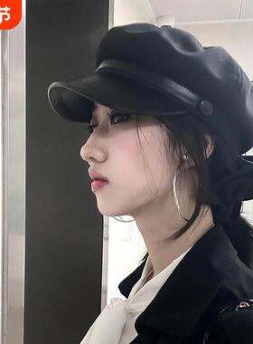 2025贝雷帽女冬季显脸小鸭舌八角帽英伦风复古洋派画家帽黑色