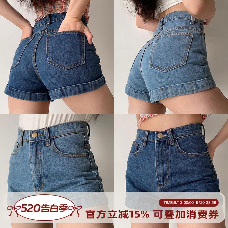 Go Girl Go 美式复古经典款百搭翻边高腰牛仔短裤女夏季显瘦热裤