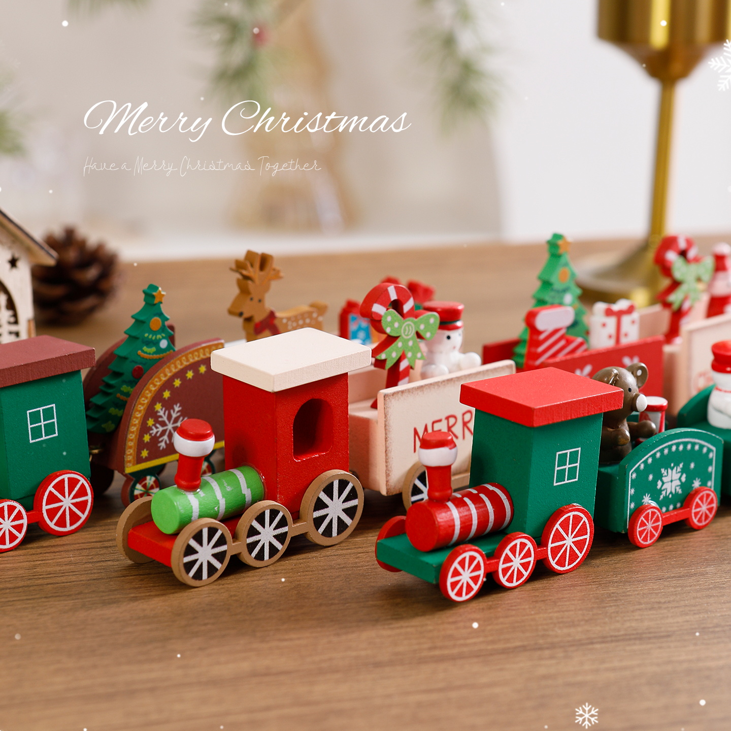 圣诞节装饰品积木小火车桌面摆件场景活动布置装饰木质玩具小礼物
