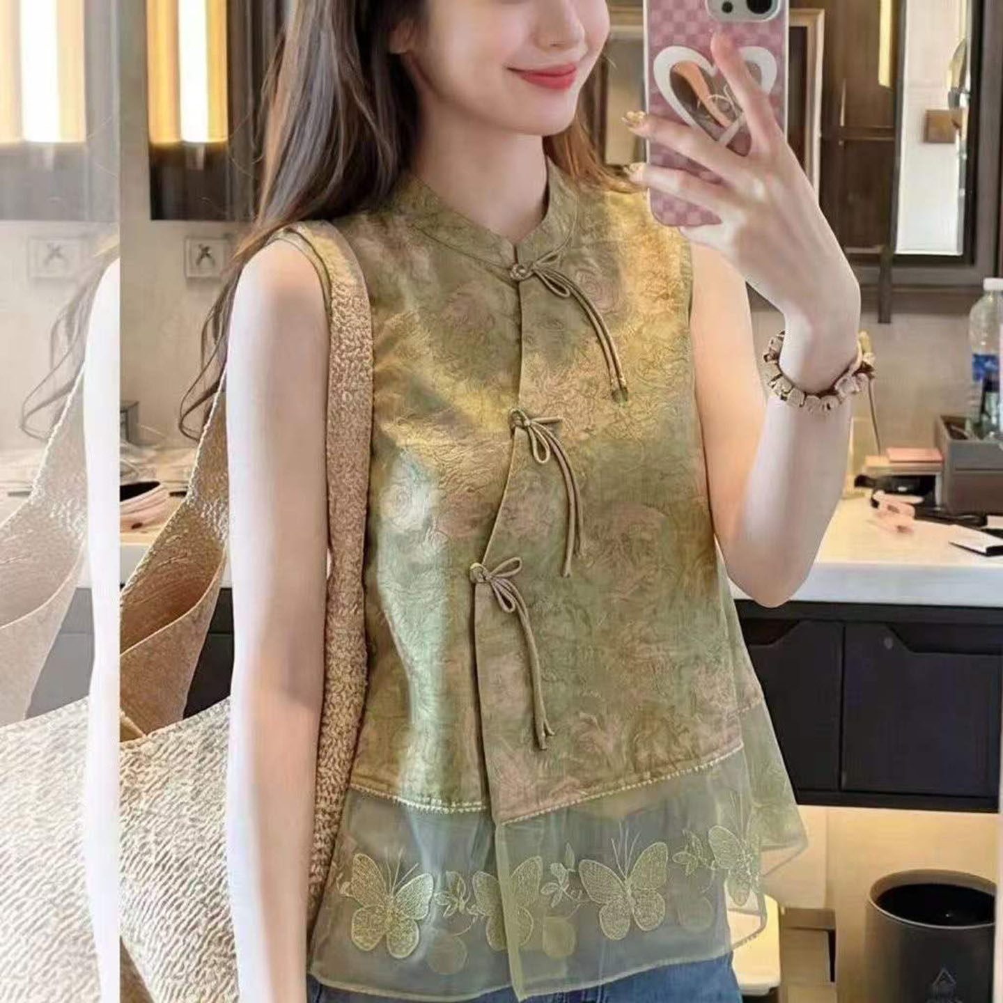 铂瑾新中式国风立领斜襟印花马甲夏季女士盘扣刺绣欧根纱无袖上a8