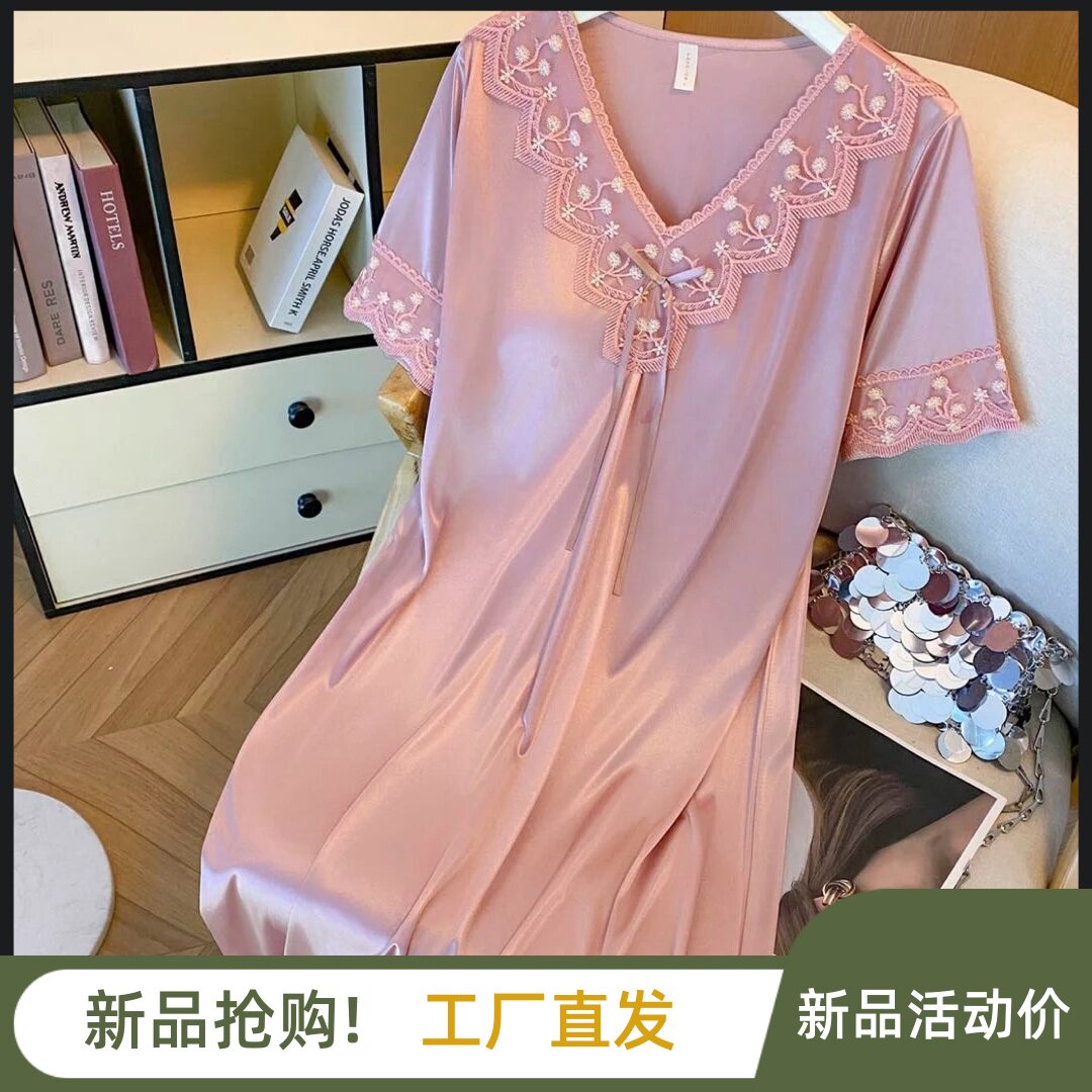 礼师优选夏季新款女士短袖冰丝睡裙蕾丝花边V领亲肤裸感透气睡a4