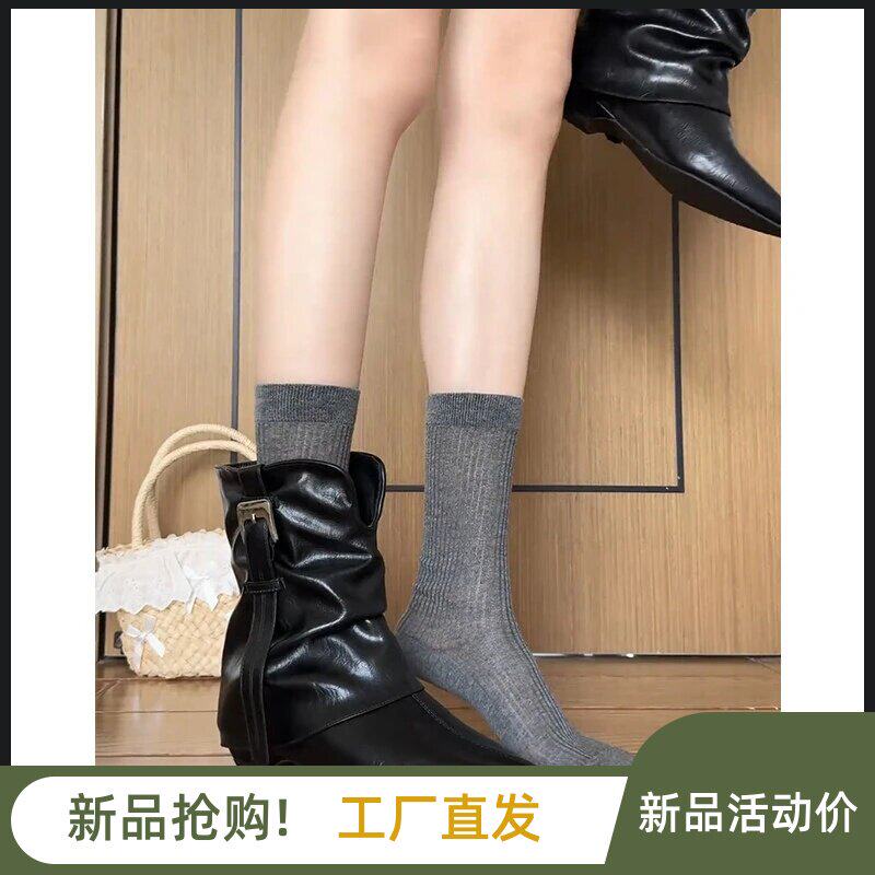 隆腾鞋店羊皮版尖头皮带扣短靴女堆堆靴法式百搭低跟西部裤管靴a6