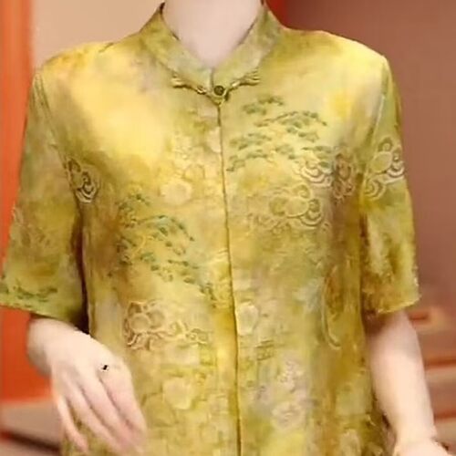 格颖女装新中式国风印花衬衫夏季女士款复古短袖小衫气质显瘦上a8