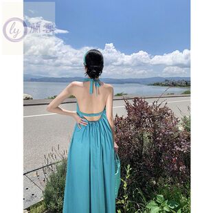 三亚海边度假风性感露背挂脖连衣裙夏季泰国巴厘岛沙滩仙女长裙子