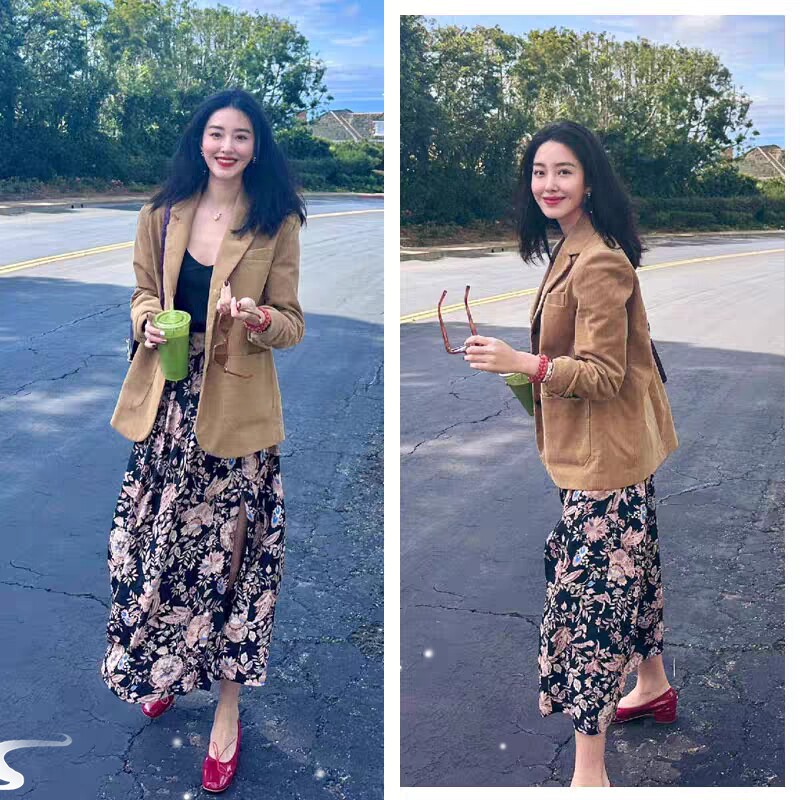 杨采钰同款英伦风灯芯绒驼色小西装外套女韩版印花开衩半身裙