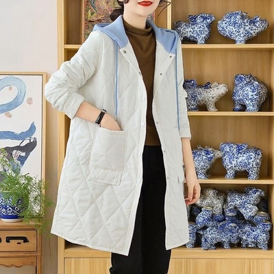 2025中长款菱格棉服女冬季新款棉衣宽松大码休闲连帽夹棉外套菱形