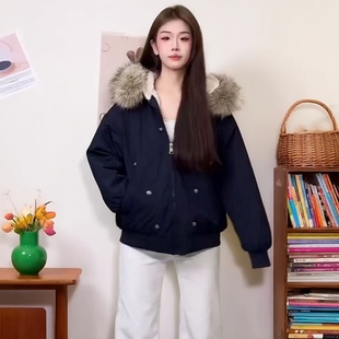 棉衣保暖棉袄加厚女款 厚外套工装 派克服 纯色连帽棉服冬季 2025新款