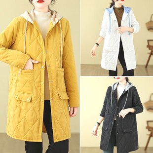 复古菱格撞色连帽棉服女冬季大码胖mm宽松休闲连帽中长款棉衣外套