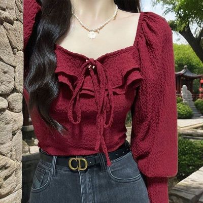 春秋季法式方领红色衬衫女减龄小众显瘦洋气短款上气质漂亮小衫女