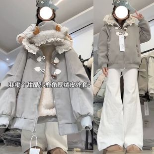 美式花边鹿角帽加厚毛绒pu皮棉服女冬季保暖情侣牛角扣皮夹克外套