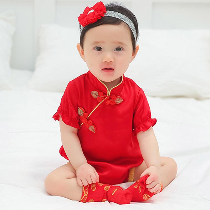 婴儿连体衣真丝桑蚕丝宝宝抓周岁礼服女宝爬服国潮旗袍三角包屁衣