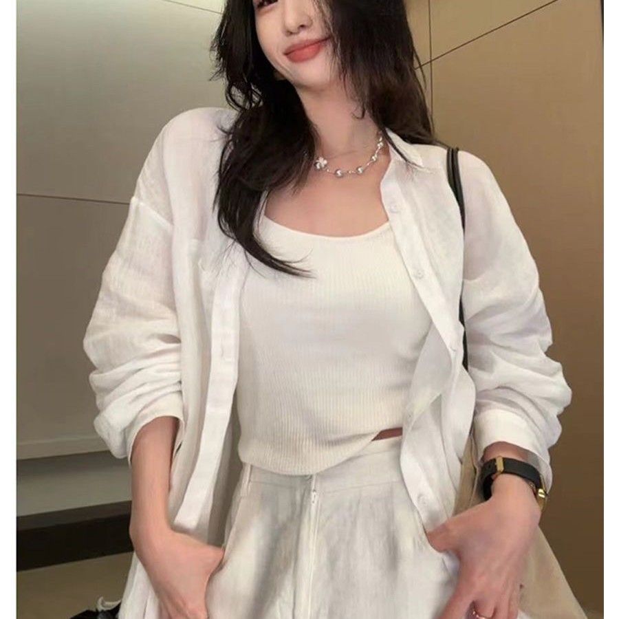 白色亚麻棉麻防晒衬衫外套女夏季薄款外搭衬衣宽松慵懒风气质上衣