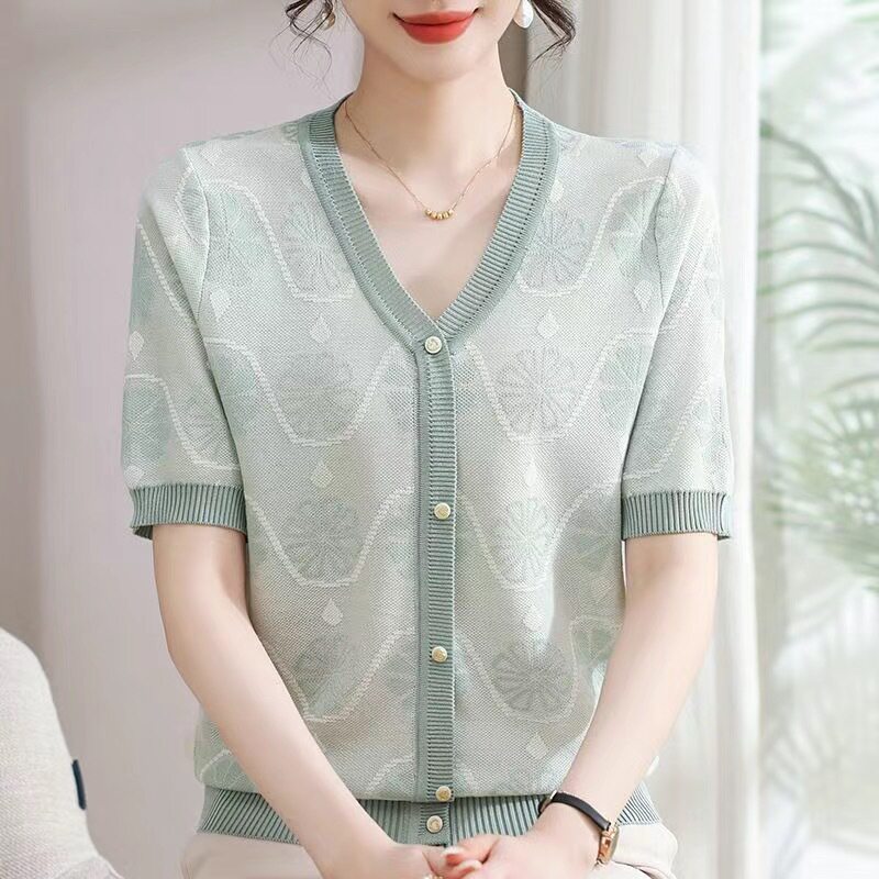 夏季薄款妈妈装小衫套头中年女士针织衫短袖T恤洋气婆婆打底上衣t