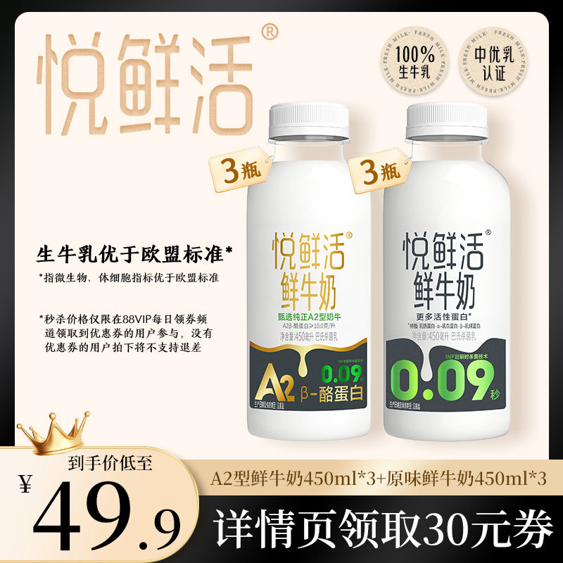 【88VIP每日领券】悦鲜活A2型鲜牛奶450ml*3+原味鲜牛奶450ml*3
