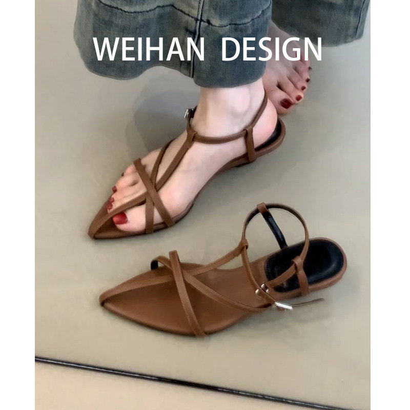 羊皮版！气质尖头交叉带一字带坡跟凉鞋女夏复古通勤露趾罗马凉鞋