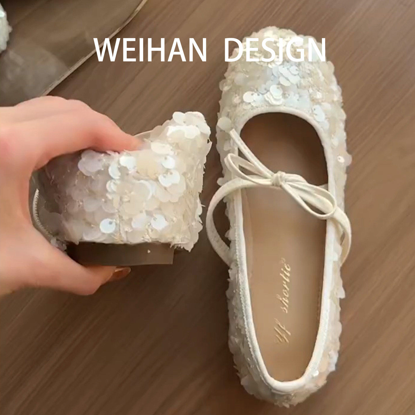 羊皮版~圆头法式温柔风蝴蝶结亮片浅口单鞋女配裙子平底芭蕾舞鞋