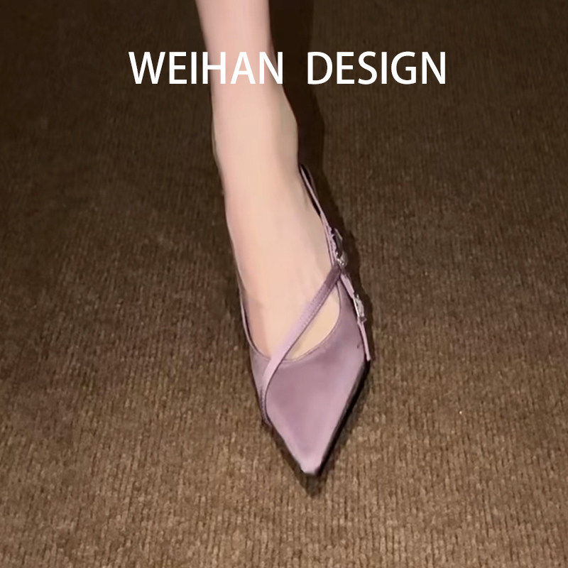 羊皮版！法式气质包头凉鞋女尖头一字扣带绝美缎面细跟后空高跟鞋