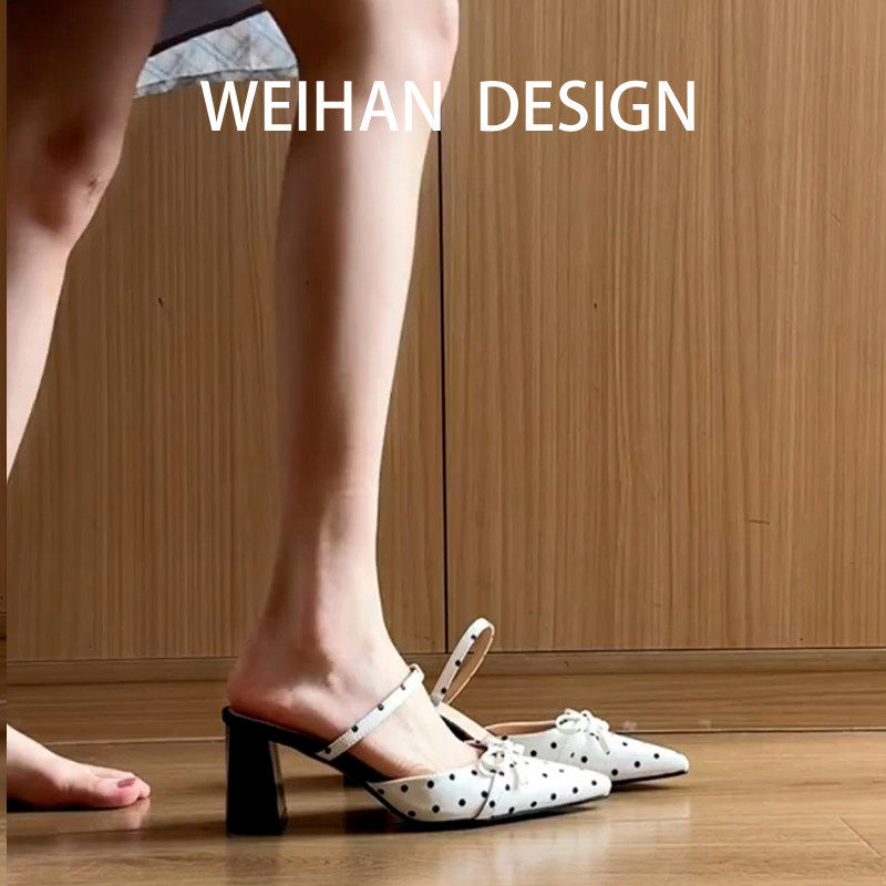 羊皮版！小众设计感波点凉拖鞋尖头粗跟后绊带蝴蝶结配裙子高跟鞋