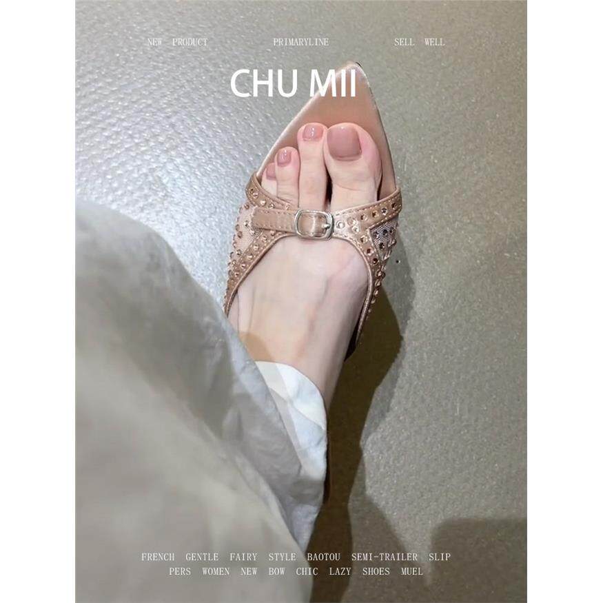 羊皮版~法式尖头露趾凉拖鞋女气质水钻一字拖鞋细跟百搭高跟鞋