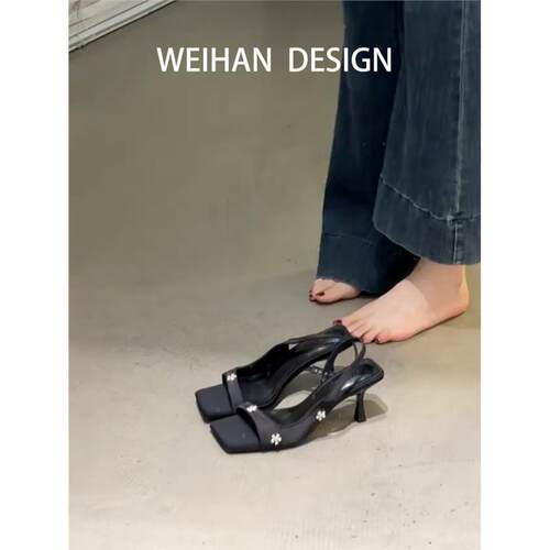 羊皮版！法式黑色露趾凉